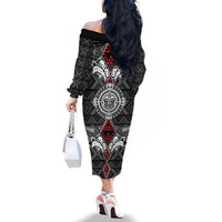 Black Aotearoa Tanilo Motif Family Matching Off The Shoulder Long Sleeve Dress and Hawaiian Shirt Vintage Maori New Zealand Tribal Art Pattern LT9 - Polynesian Pride