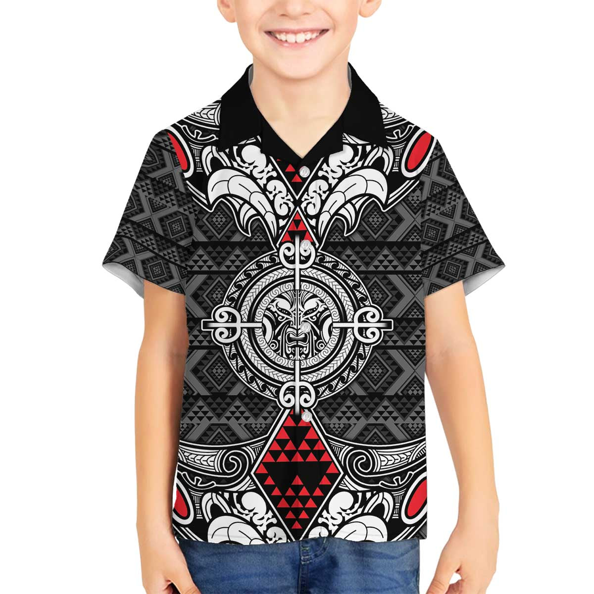 Black Aotearoa Tanilo Motif Family Matching Off The Shoulder Long Sleeve Dress and Hawaiian Shirt Vintage Maori New Zealand Tribal Art Pattern LT9 Son's Shirt Black - Polynesian Pride