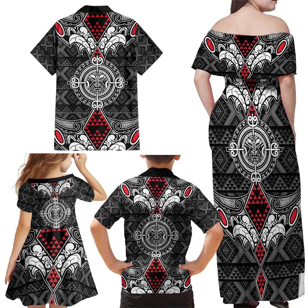Black Aotearoa Tanilo Motif Family Matching Off Shoulder Maxi Dress and Hawaiian Shirt Vintage Maori New Zealand Tribal Art Pattern