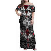 Black Aotearoa Tanilo Motif Family Matching Off Shoulder Maxi Dress and Hawaiian Shirt Vintage Maori New Zealand Tribal Art Pattern