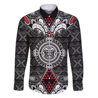 Black Aotearoa Tanilo Motif Family Matching Off Shoulder Short Dress and Hawaiian Shirt Vintage Maori New Zealand Tribal Art Pattern
