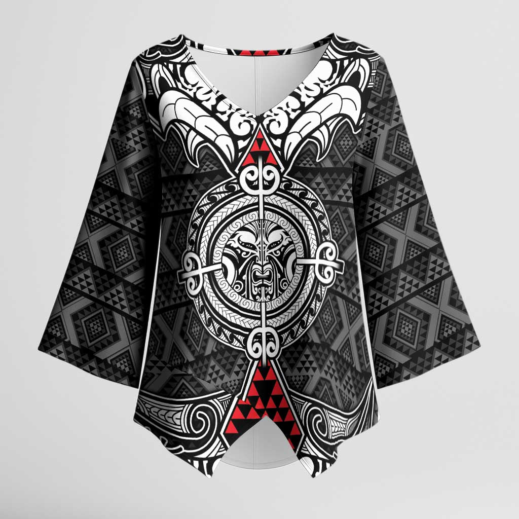 Black Aotearoa Taniko Motif Kimono Sleeve Blouse Vintage Maori New Zealand Tribal Art Pattern - Polynesian Pride