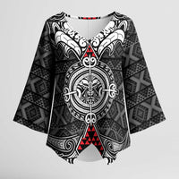 Black Aotearoa Taniko Motif Kimono Sleeve Blouse Vintage Maori New Zealand Tribal Art Pattern - Polynesian Pride