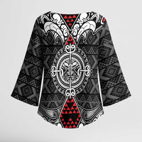 Black Aotearoa Taniko Motif Kimono Sleeve Blouse Vintage Maori New Zealand Tribal Art Pattern - Polynesian Pride