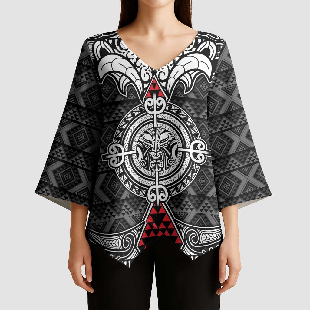 Black Aotearoa Taniko Motif Kimono Sleeve Blouse Vintage Maori New Zealand Tribal Art Pattern - Polynesian Pride