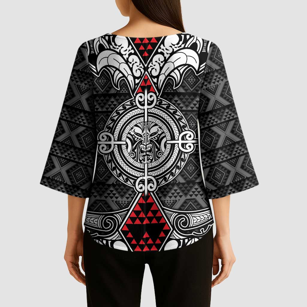 Black Aotearoa Taniko Motif Kimono Sleeve Blouse Vintage Maori New Zealand Tribal Art Pattern - Polynesian Pride