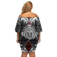 Black Aotearoa Tanilo Motif Off Shoulder Short Dress Vintage Maori New Zealand Tribal Art Pattern