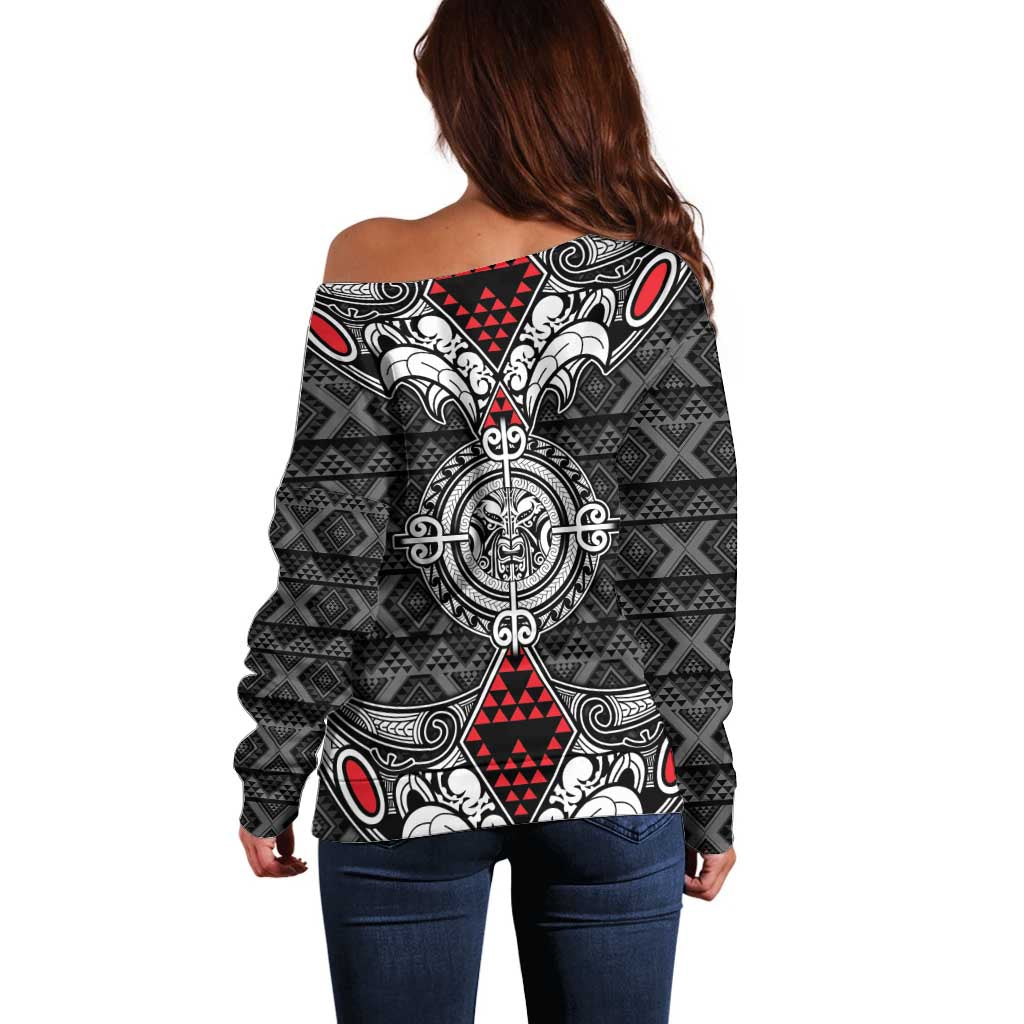 Black Aotearoa Tanilo Motif Off Shoulder Sweater Vintage Maori New Zealand Tribal Art Pattern