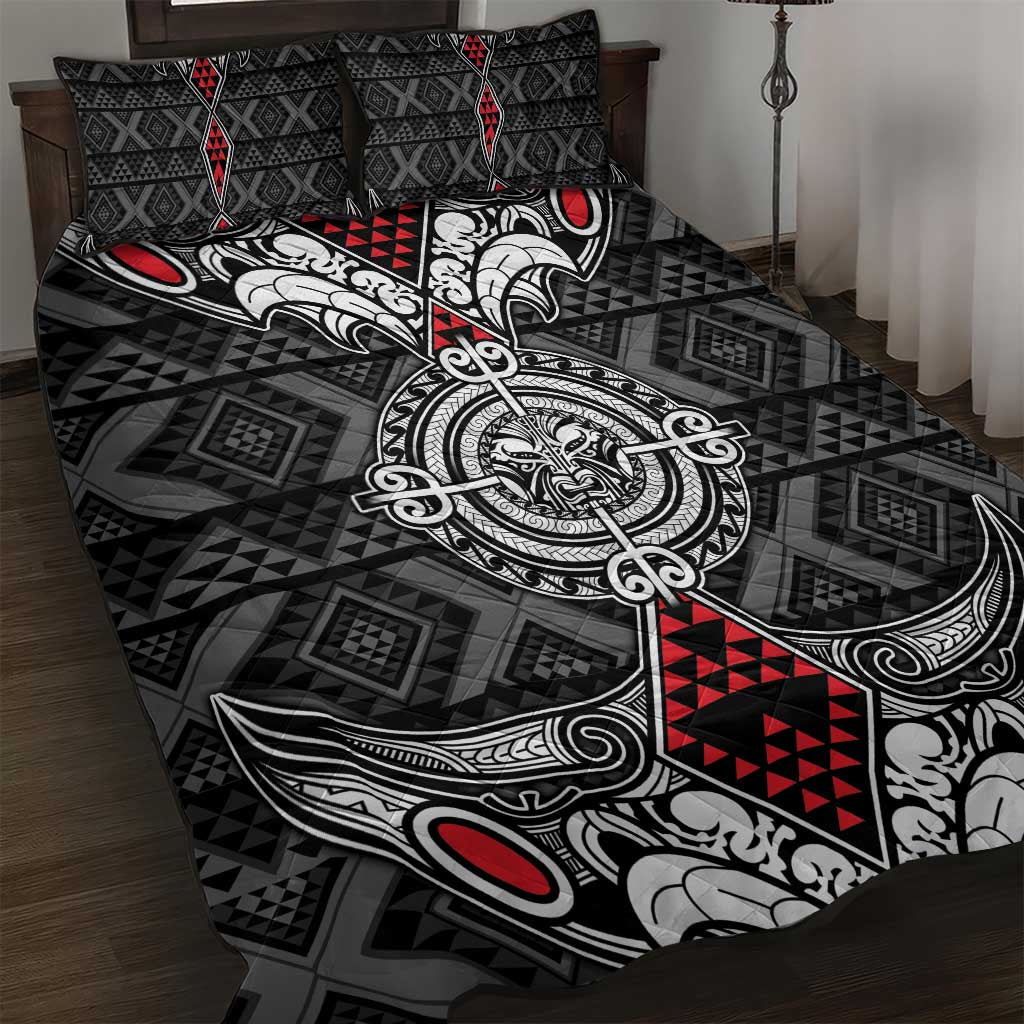 Black Aotearoa Taniko Motif Quilt Bed Set Vintage Maori New Zealand Tribal Art Pattern