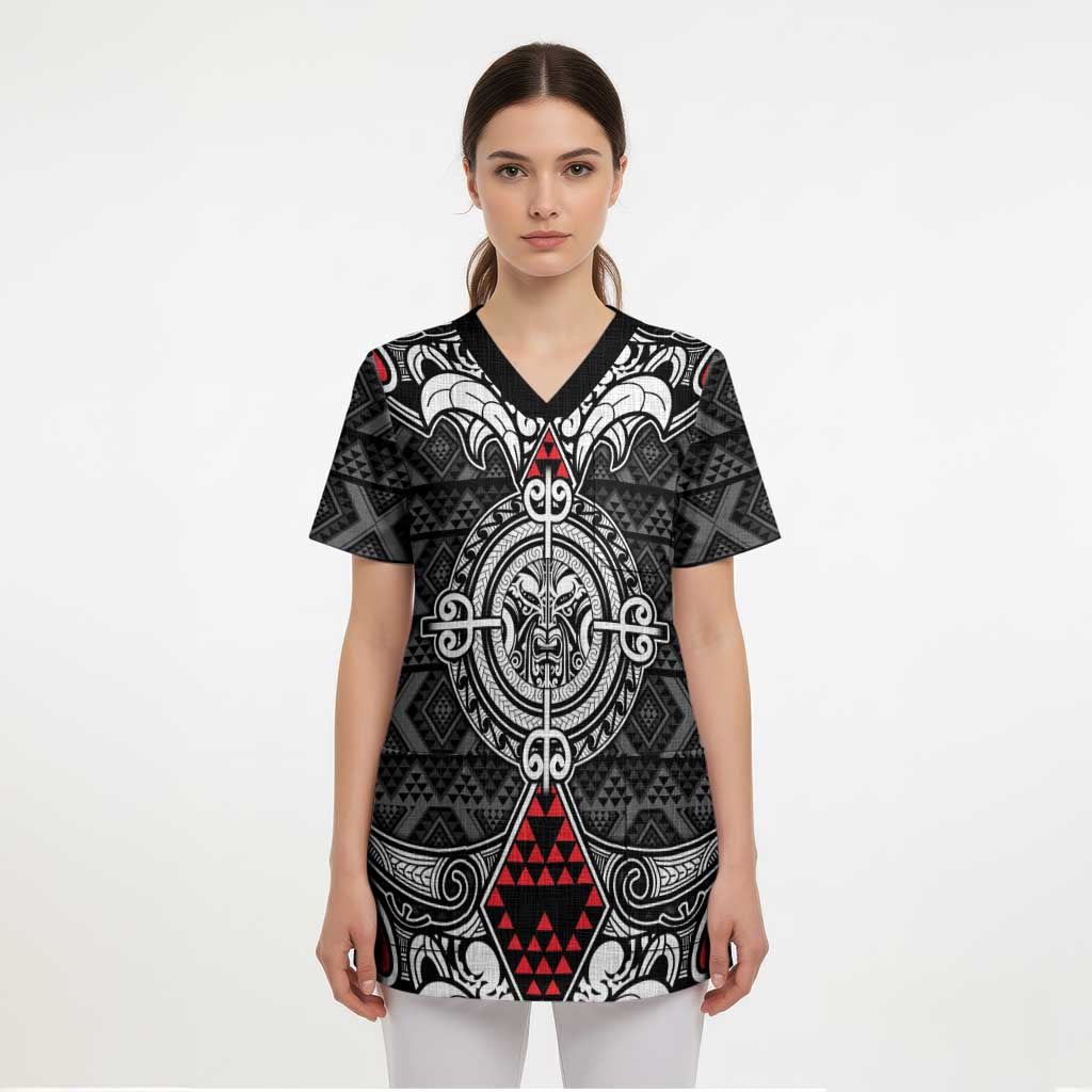 Black Aotearoa Taniko Motif Scrub Top Vintage Maori New Zealand Tribal Art Pattern - Polynesian Pride