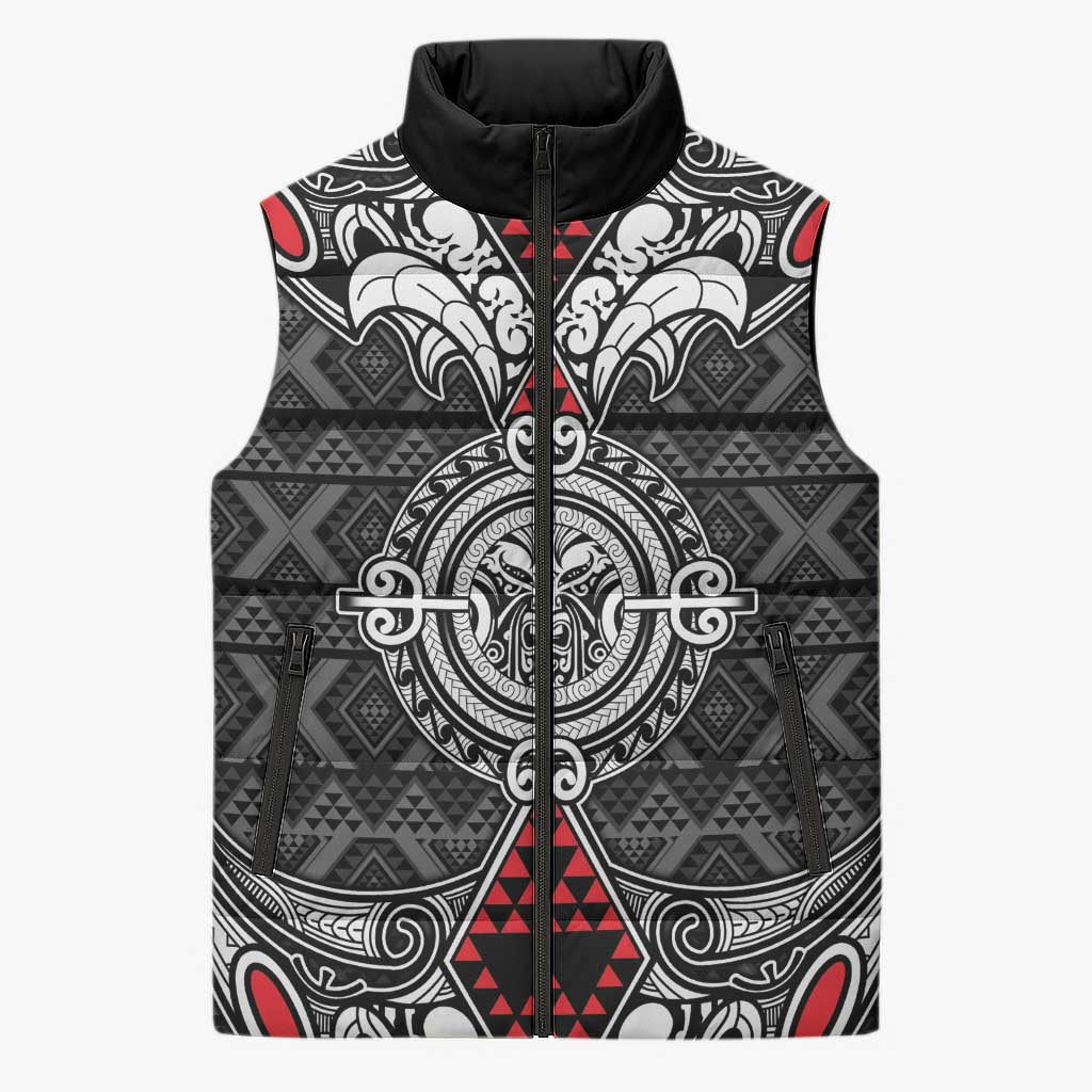 Black Aotearoa Taniko Motif Sleeveless Puffer Jacket Vintage Maori New Zealand Tribal Art Pattern - Polynesian Pride