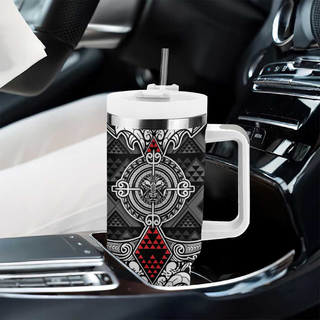 Black Aotearoa Taniko Motif Tumbler With Handle Vintage Maori New Zealand Tribal Art Pattern