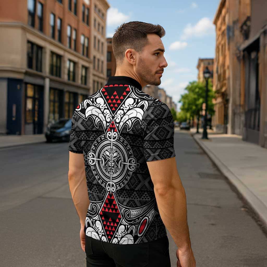Black Aotearoa Taniko Motif Zipper Polo Shirt Vintage Maori New Zealand Tribal Art Pattern - Polynesian Pride