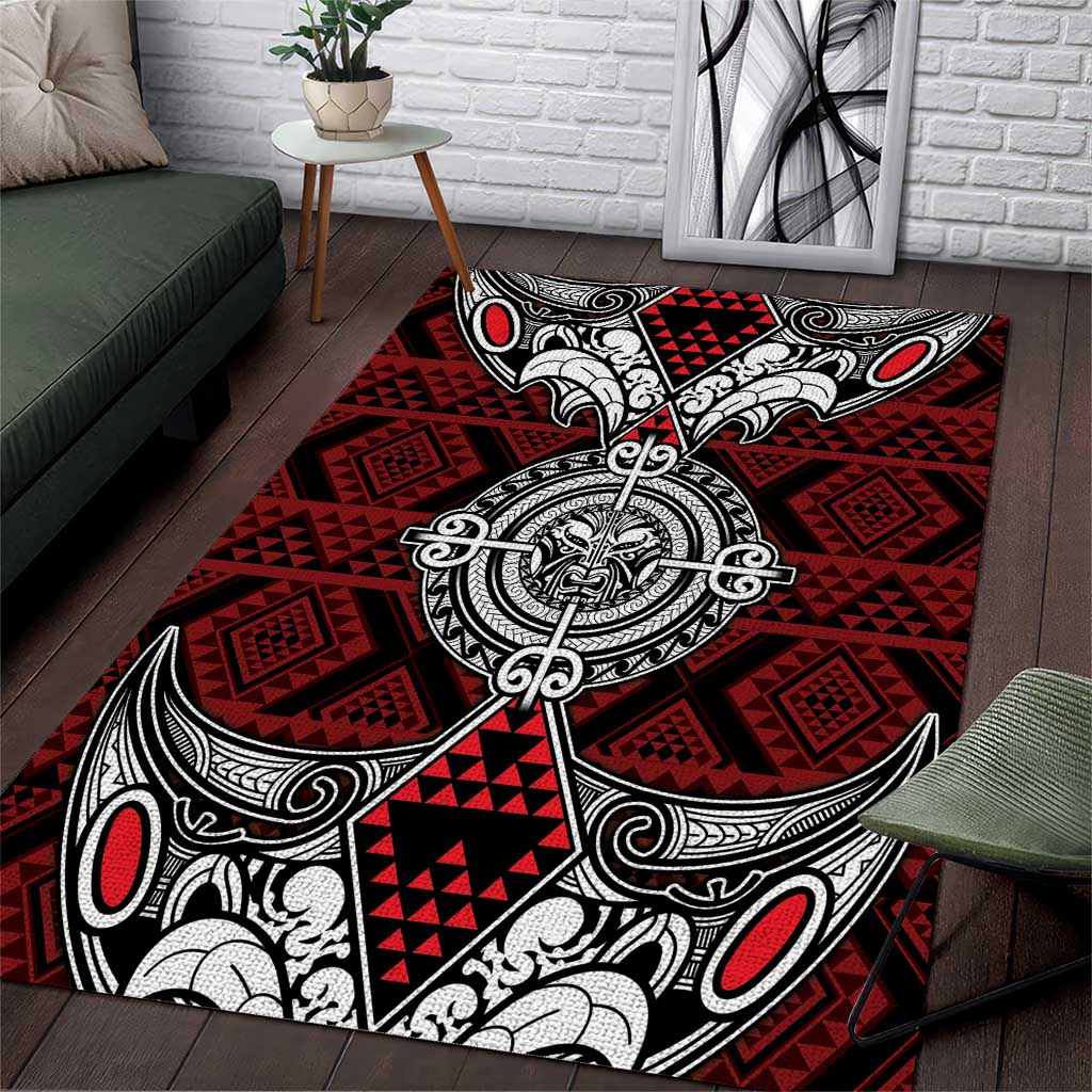 Red Aotearoa Taniko Motif Area Rug Vintage Maori New Zealand Tribal Art Pattern
