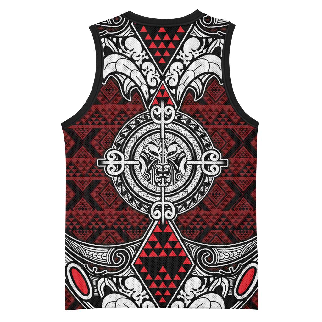 Red Aotearoa Taniko Motif Basketball Jersey Vintage Maori New Zealand Tribal Art Pattern - Polynesian Pride