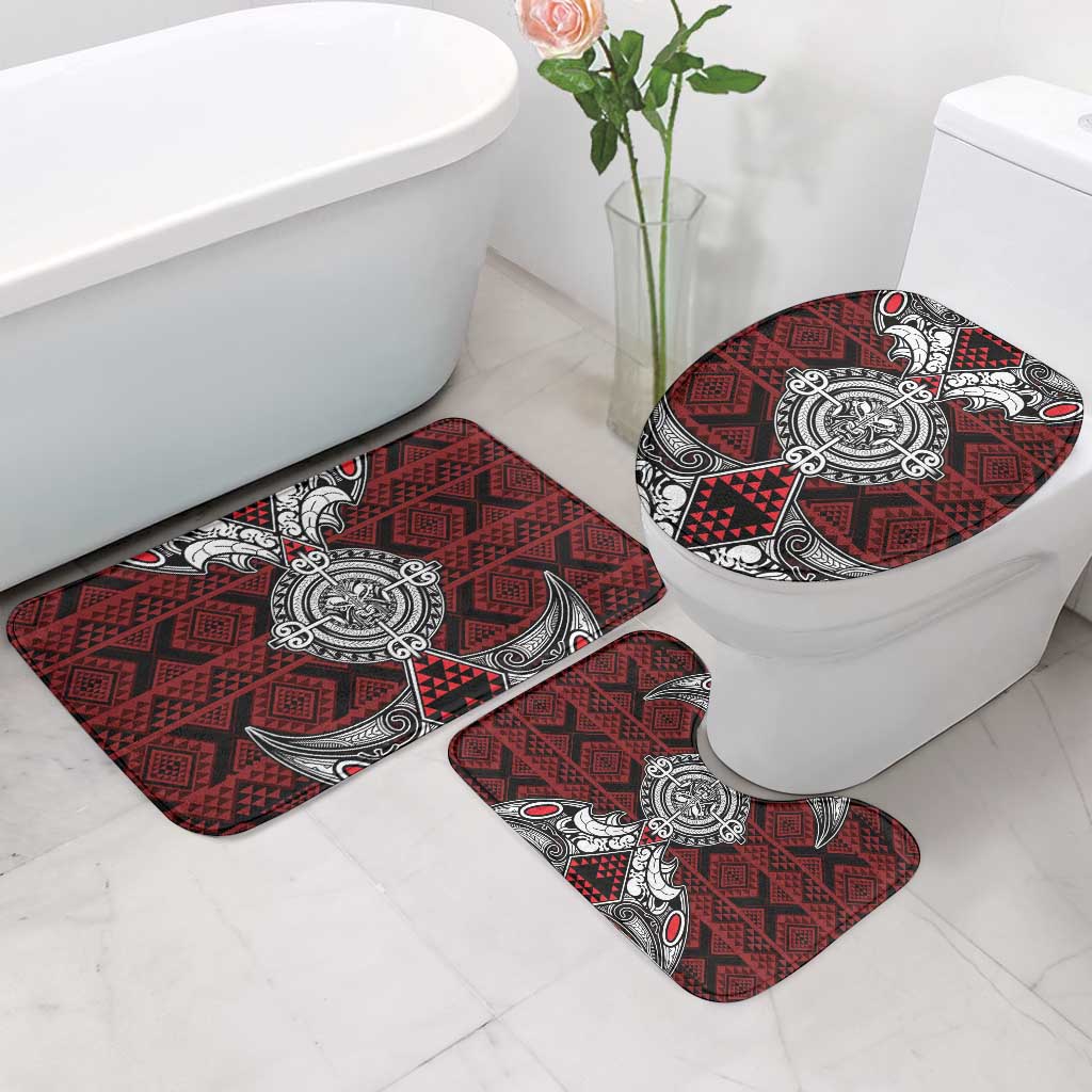Red Aotearoa Taniko Motif Bathroom Set Vintage Maori New Zealand Tribal Art Pattern - Polynesian Pride