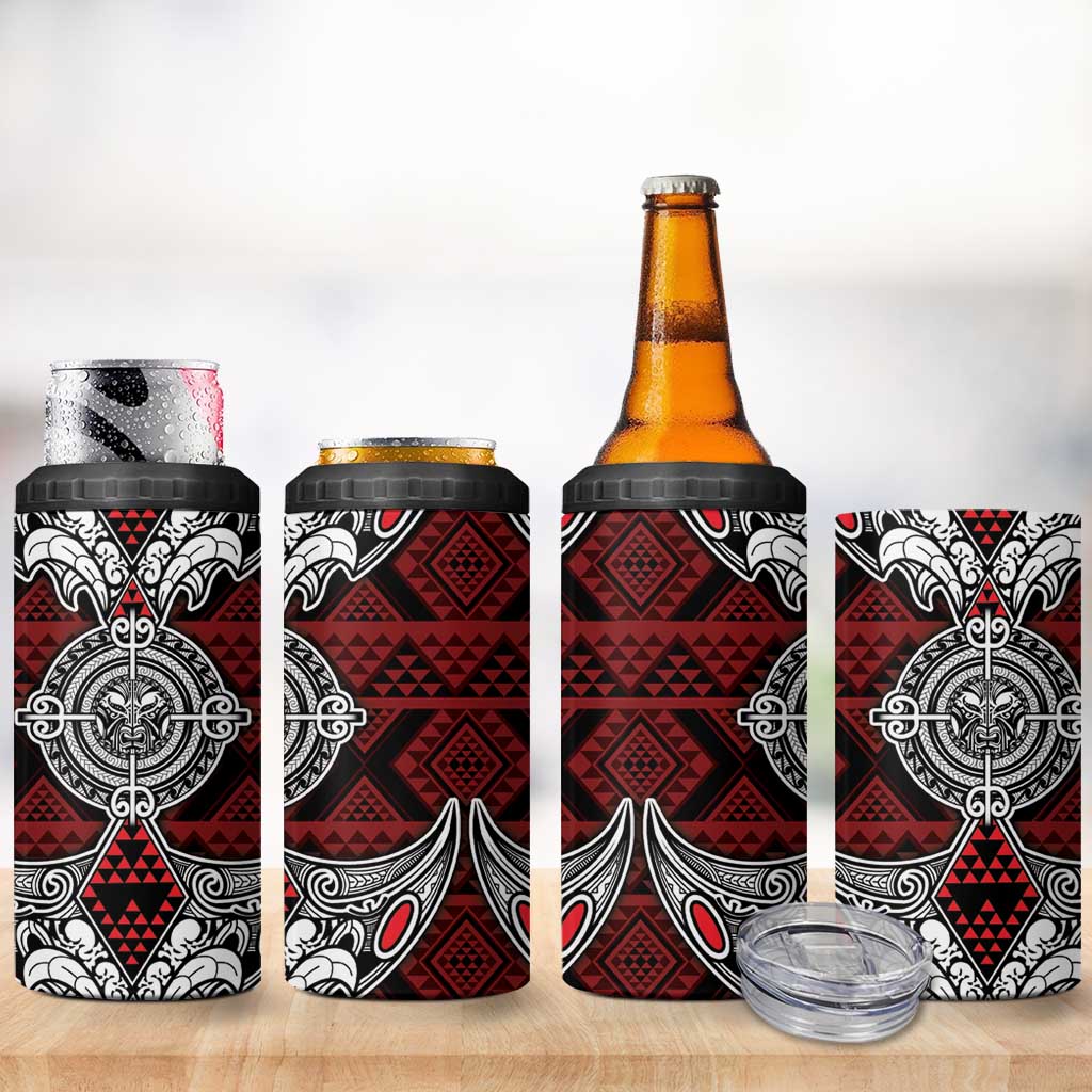 Red Aotearoa Taniko Motif 4 in 1 Can Cooler Tumbler Vintage Maori New Zealand Tribal Art Pattern