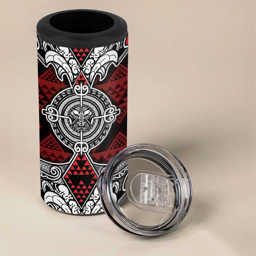 Red Aotearoa Taniko Motif 4 in 1 Can Cooler Tumbler Vintage Maori New Zealand Tribal Art Pattern