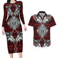 Red Aotearoa Tanilo Motif Couples Matching Long Sleeve Bodycon Dress and Hawaiian Shirt Vintage Maori New Zealand Tribal Art Pattern