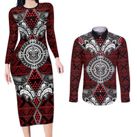Red Aotearoa Tanilo Motif Couples Matching Long Sleeve Bodycon Dress and Long Sleeve Button Shirt Vintage Maori New Zealand Tribal Art Pattern