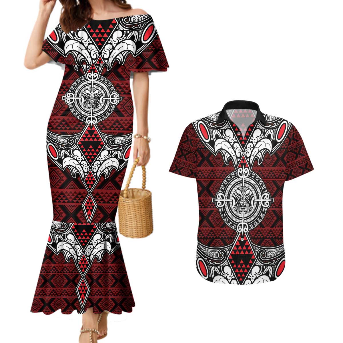 Red Aotearoa Tanilo Motif Couples Matching Mermaid Dress and Hawaiian Shirt Vintage Maori New Zealand Tribal Art Pattern