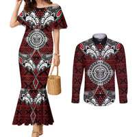 Red Aotearoa Tanilo Motif Couples Matching Mermaid Dress and Long Sleeve Button Shirt Vintage Maori New Zealand Tribal Art Pattern
