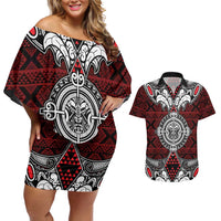 Red Aotearoa Tanilo Motif Couples Matching Off Shoulder Short Dress and Hawaiian Shirt Vintage Maori New Zealand Tribal Art Pattern