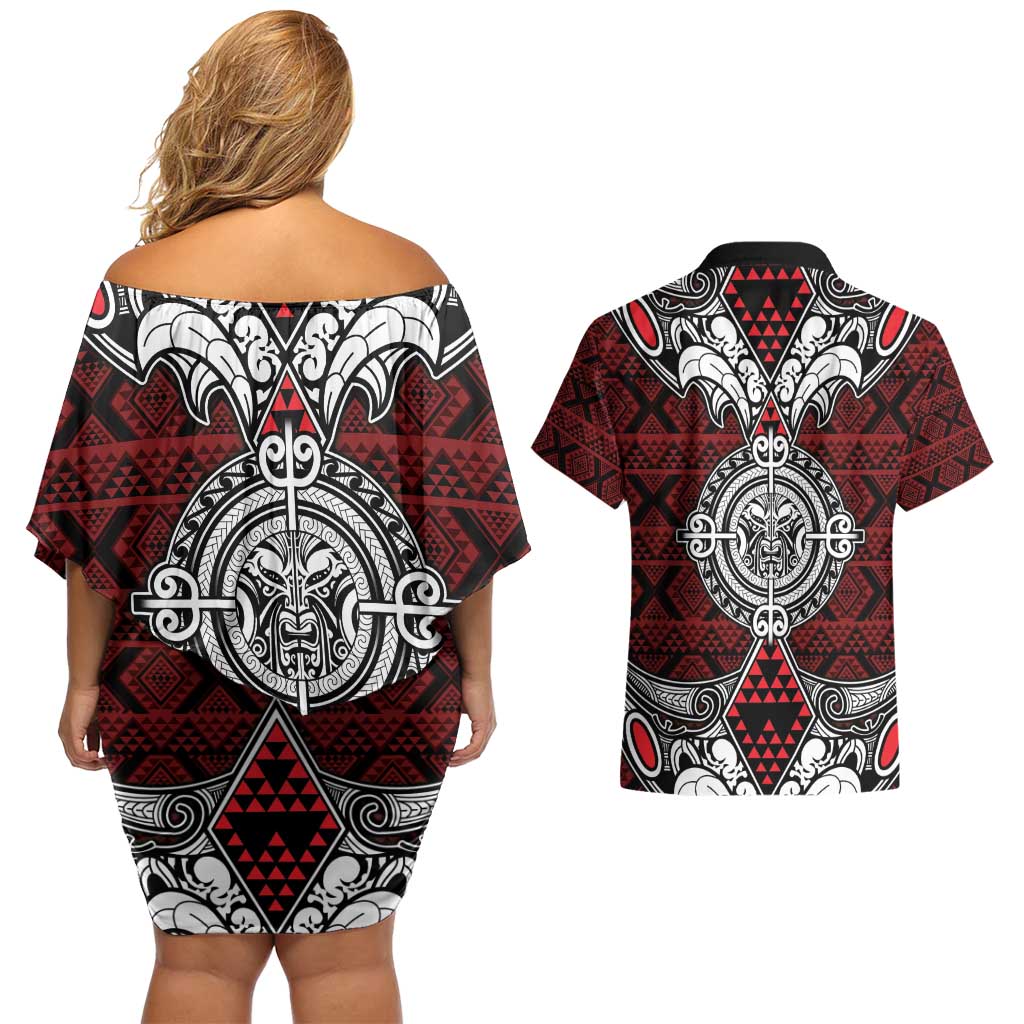 Red Aotearoa Tanilo Motif Couples Matching Off Shoulder Short Dress and Hawaiian Shirt Vintage Maori New Zealand Tribal Art Pattern
