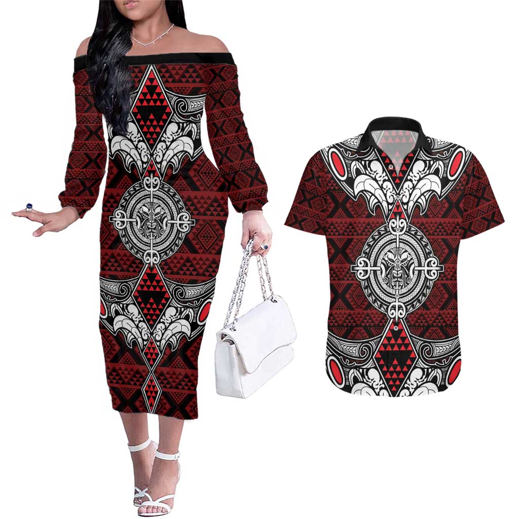 Red Aotearoa Tanilo Motif Couples Matching Off The Shoulder Long Sleeve Dress and Hawaiian Shirt Vintage Maori New Zealand Tribal Art Pattern