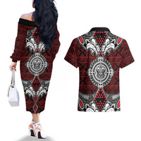 Red Aotearoa Tanilo Motif Couples Matching Off The Shoulder Long Sleeve Dress and Hawaiian Shirt Vintage Maori New Zealand Tribal Art Pattern