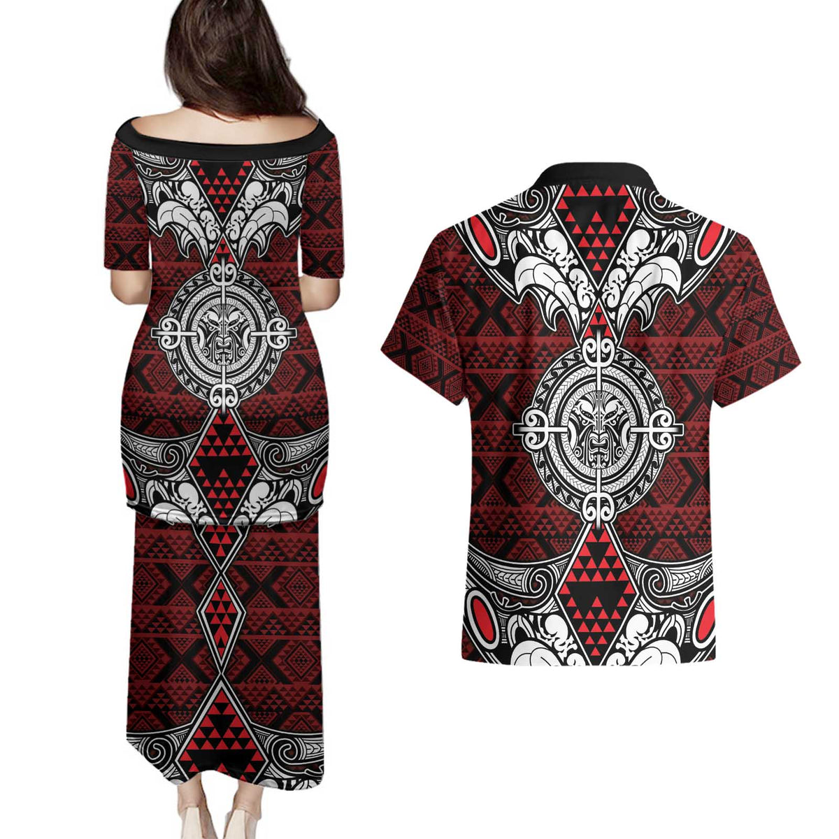 Red Aotearoa Tanilo Motif Couples Matching Puletasi and Hawaiian Shirt Vintage Maori New Zealand Tribal Art Pattern