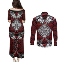 Red Aotearoa Tanilo Motif Couples Matching Puletasi and Long Sleeve Button Shirt Vintage Maori New Zealand Tribal Art Pattern