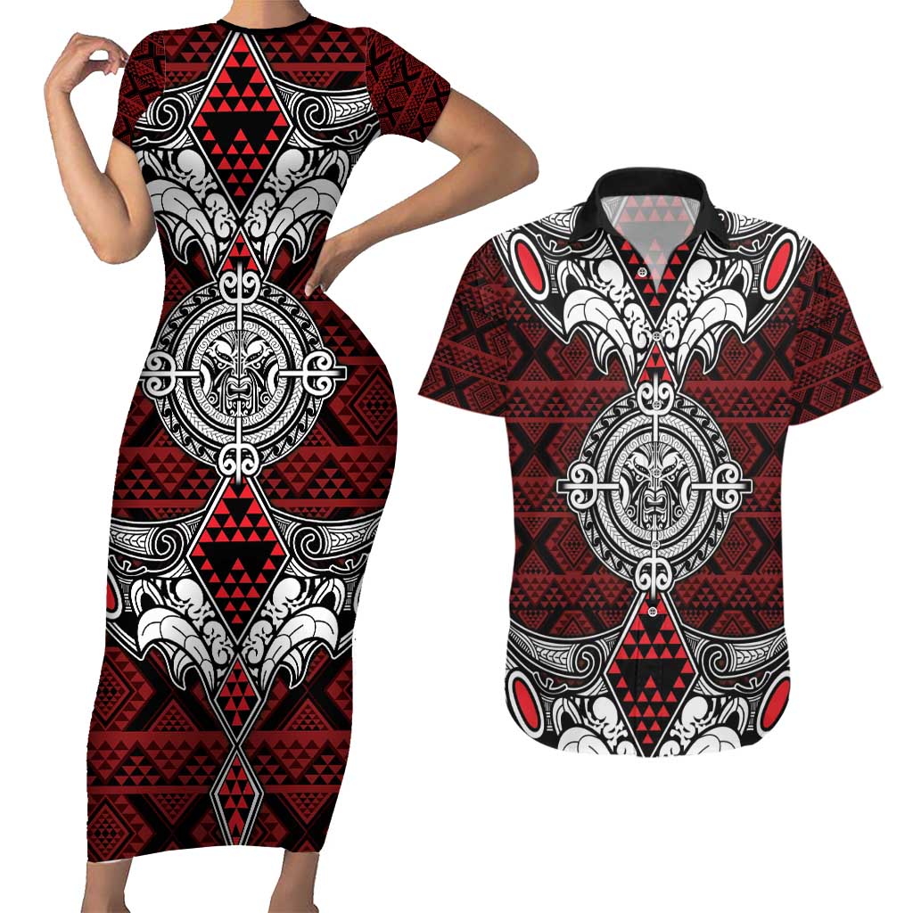 Red Aotearoa Tanilo Motif Couples Matching Short Sleeve Bodycon Dress and Hawaiian Shirt Vintage Maori New Zealand Tribal Art Pattern