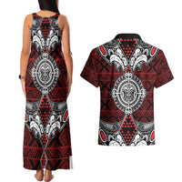 Red Aotearoa Tanilo Motif Couples Matching Tank Maxi Dress and Hawaiian Shirt Vintage Maori New Zealand Tribal Art Pattern