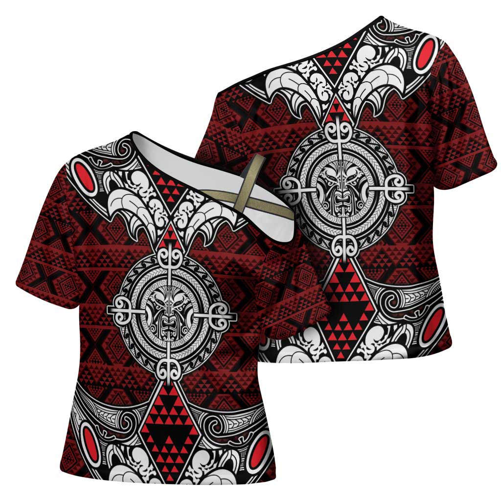 Red Aotearoa Taniko Motif Cross Shoulder Shirt Vintage Maori New Zealand Tribal Art Pattern - Polynesian Pride
