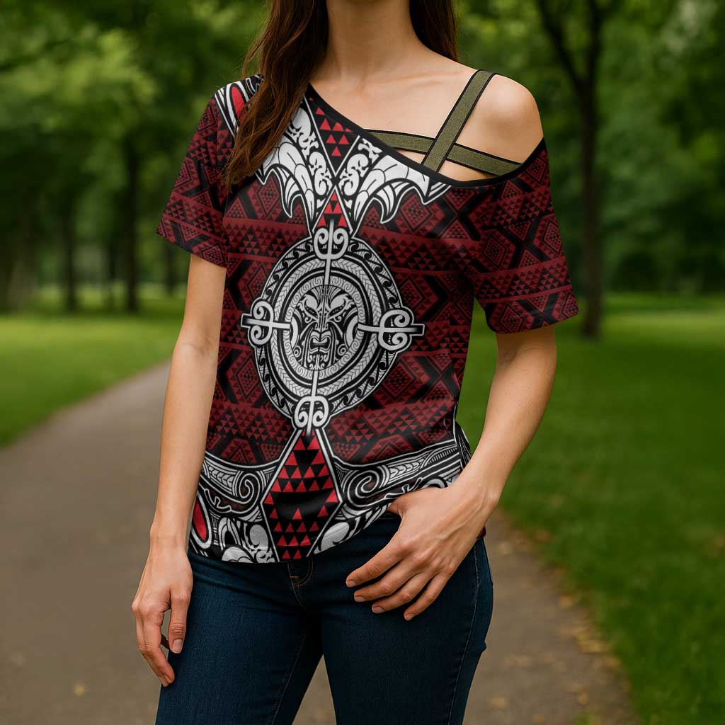 Red Aotearoa Taniko Motif Cross Shoulder Shirt Vintage Maori New Zealand Tribal Art Pattern - Polynesian Pride