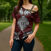 Red Aotearoa Taniko Motif Cross Shoulder Shirt Vintage Maori New Zealand Tribal Art Pattern - Polynesian Pride