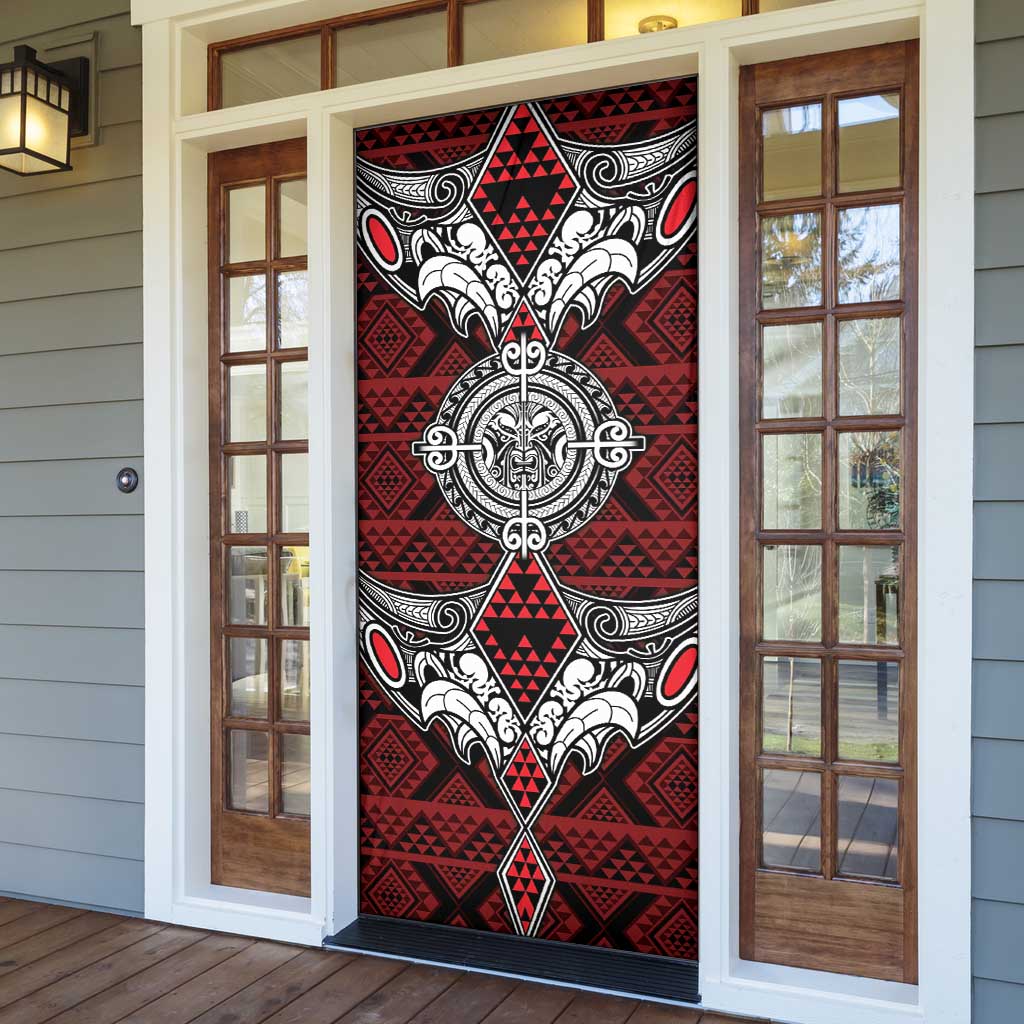 Red Aotearoa Taniko Motif Door Cover Vintage Maori New Zealand Tribal Art Pattern - Polynesian Pride