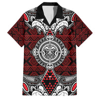 Red Aotearoa Tanilo Motif Family Matching Off Shoulder Short Dress and Hawaiian Shirt Vintage Maori New Zealand Tribal Art Pattern