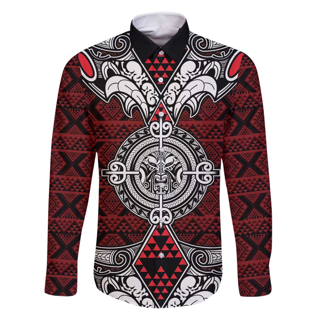 Red Aotearoa Tanilo Motif Family Matching Off Shoulder Short Dress and Hawaiian Shirt Vintage Maori New Zealand Tribal Art Pattern
