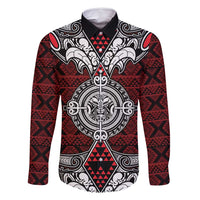 Red Aotearoa Tanilo Motif Family Matching Off Shoulder Short Dress and Hawaiian Shirt Vintage Maori New Zealand Tribal Art Pattern