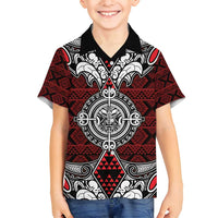 Red Aotearoa Tanilo Motif Family Matching Puletasi and Hawaiian Shirt Vintage Maori New Zealand Tribal Art Pattern