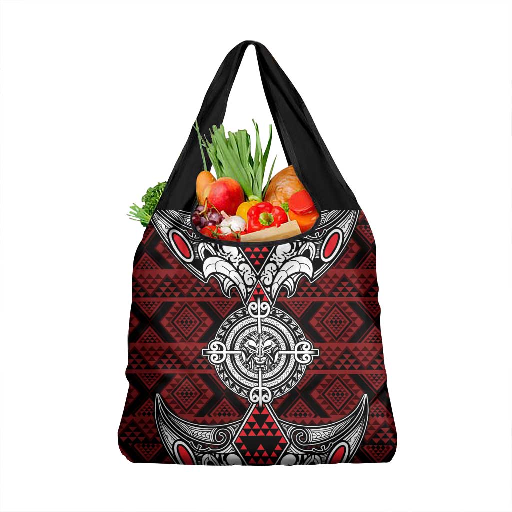 Red Aotearoa Taniko Motif Grocery Bag Vintage Maori New Zealand Tribal Art Pattern