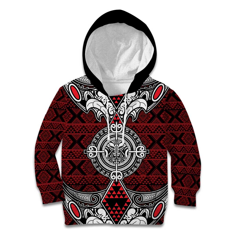 Red Aotearoa Tanilo Motif Kid Hoodie Vintage Maori New Zealand Tribal Art Pattern