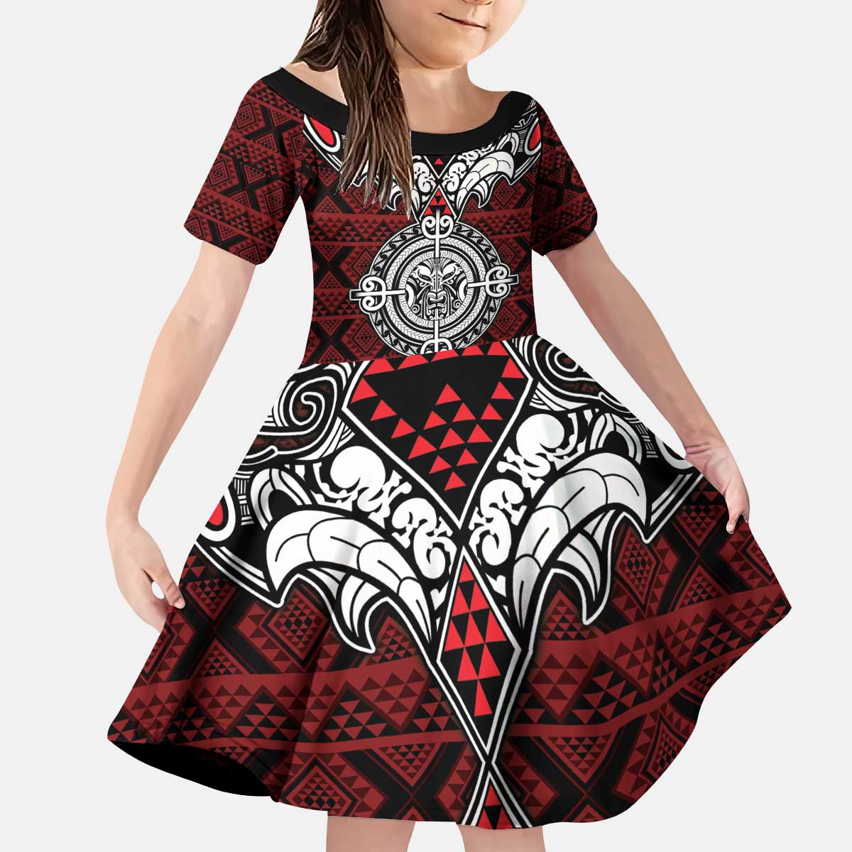 Red Aotearoa Tanilo Motif Kid Short Sleeve Dress Vintage Maori New Zealand Tribal Art Pattern