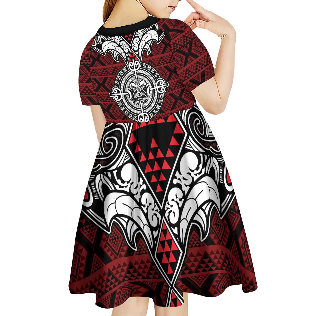 Red Aotearoa Tanilo Motif Kid Short Sleeve Dress Vintage Maori New Zealand Tribal Art Pattern
