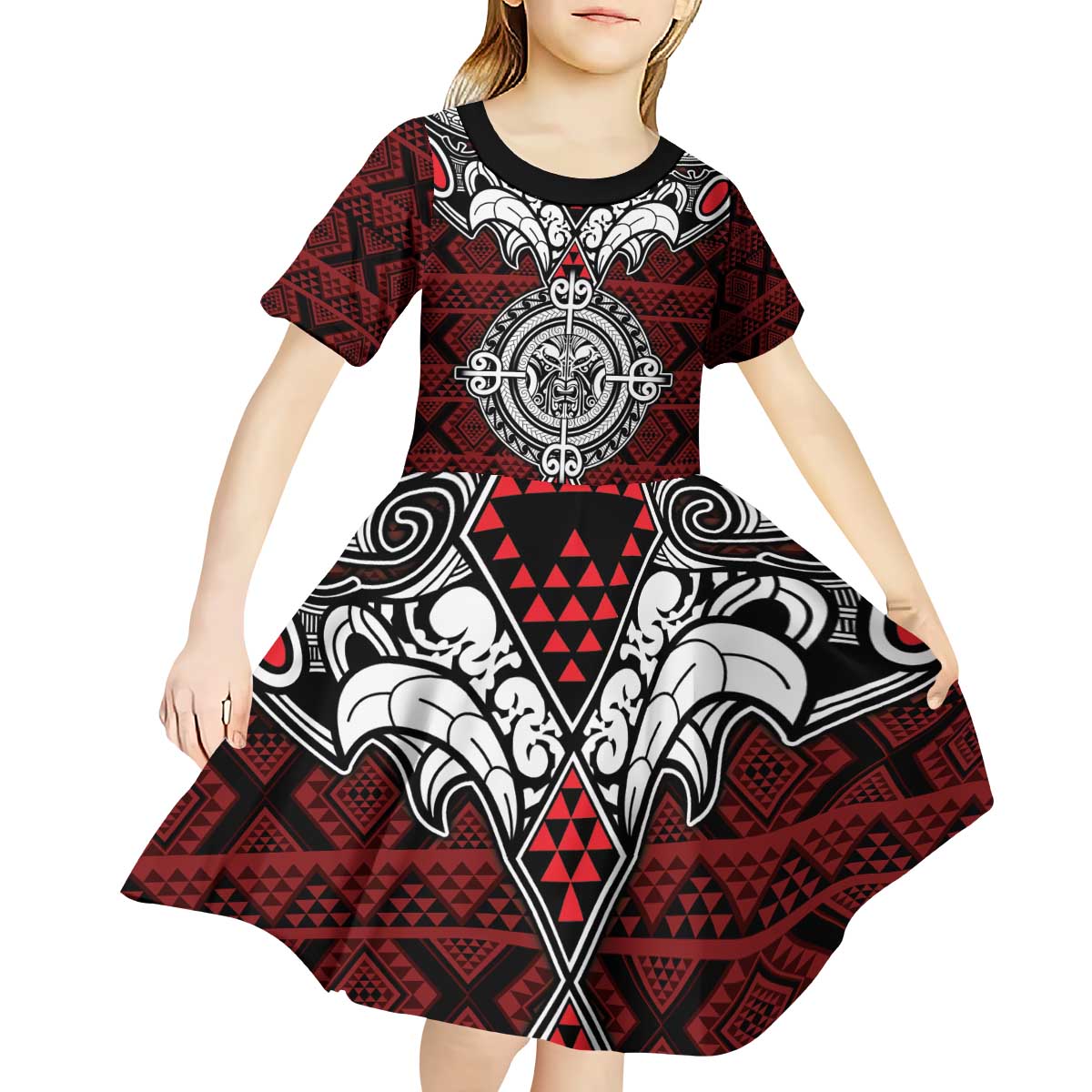 Red Aotearoa Tanilo Motif Kid Short Sleeve Dress Vintage Maori New Zealand Tribal Art Pattern