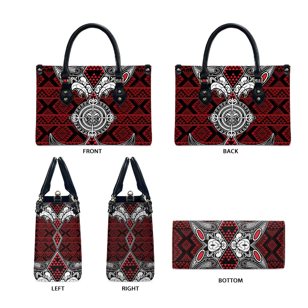 Red Aotearoa Taniko Motif Leather Bag Vintage Maori New Zealand Tribal Art Pattern - Polynesian Pride
