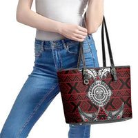 Red Aotearoa Taniko Motif Leather Tote Bag Vintage Maori New Zealand Tribal Art Pattern