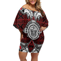 Red Aotearoa Tanilo Motif Off Shoulder Short Dress Vintage Maori New Zealand Tribal Art Pattern